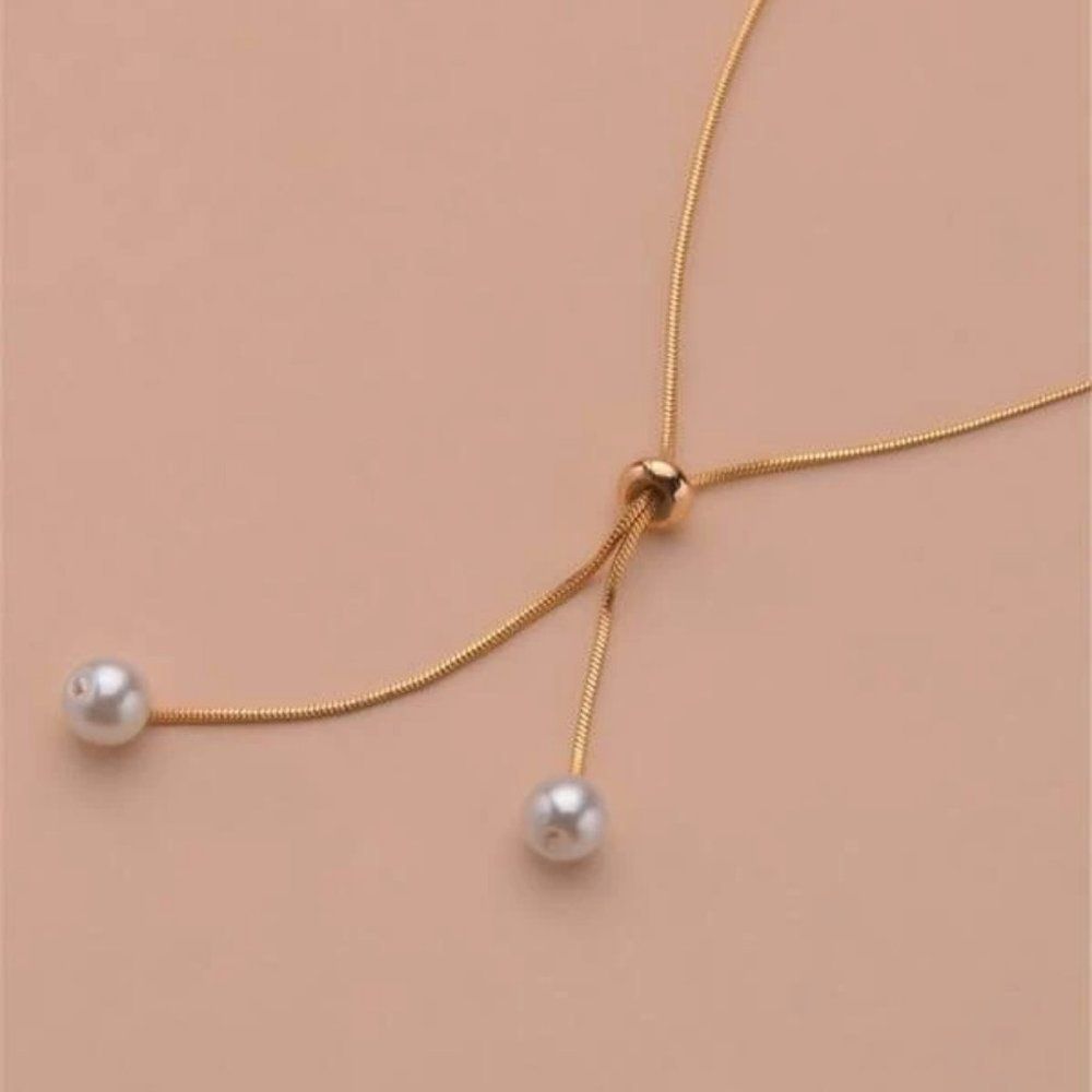 Gold Color Snake Chain Faux Pearl Decorated Necklace - Picture 3 of 4